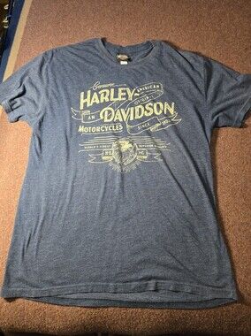 Harley-Davidson Of Yuba CA Blue Shirt With Orange Back Graphic Size XL